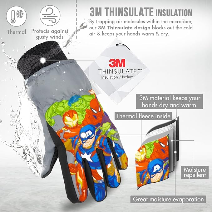 Spiderman Snow Gloves for Kids, Spider Man Toddler Gloves, 3M Thinsulate Waterproof Mittens, Kids Winter gloves