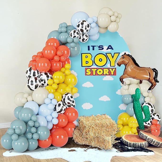 165Pcs Cowboy Balloon Arch Garland Kit with Red Yellow Blue White Cow Print Horse Balloons for Boy Story Baby Shower, Cowboy Party Supplies, First Birthday Boy Decoration, Highland Cow Garland