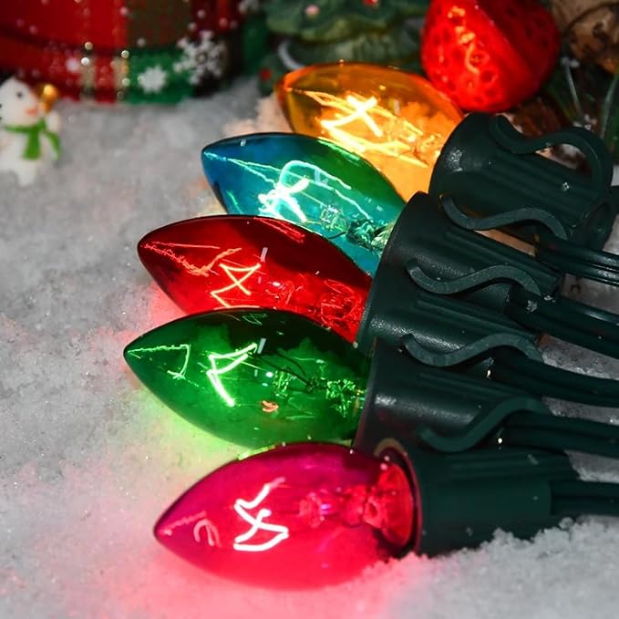 C7 Multicolor Christmas Lights Outdoor, 25FT Vintage Christmas Light Green Wire with 25+2 Clear Multicolored Bulbs, Outdoor String Lights for Xmas Tree Home Yard Wedding Party Decorations