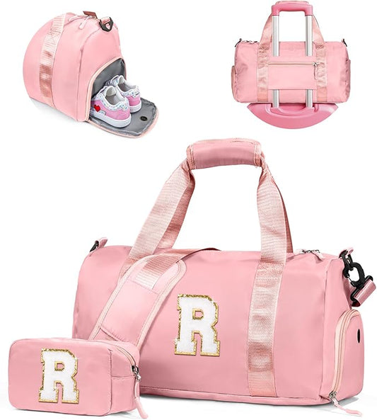 10 Year Old Girl Birthday Gifts-Girl Gym Bag with Shoe Compartment, Kid Personalized Weekender Overnight Bags, Initial Travel Tote with Makeup Pouch, Gift for kids age 4-6 (Letter R)