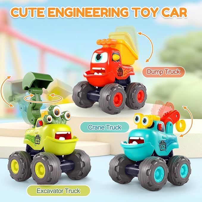 Toys for 1 Year Old Boy, Monster Truck Toys Construction Cars for Toddler 1-3 Crane Truck Dump Excavator Pull Back Car Toddler Toys for Baby 12-18 Months 1 Year Old Boy Gifts for Birthday Xmas