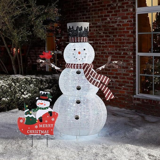 YEAHOME Outdoor Christmas Decorations, Metal Snowman with Sleigh Decorative Garden Stakes for Outdoor Yard, Merry Christmas Signs for Outside Porch Lawn Pathway Xmas Decor