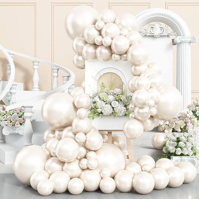Pearl White Double-Stuffed Balloons Arch Garland Kit, 60 Pack 18/12/10/5 Inch Different Size Sand White Pearl Ivory Balloons for Wedding Bridal Shower Anniversary Birthday Engagement Decor