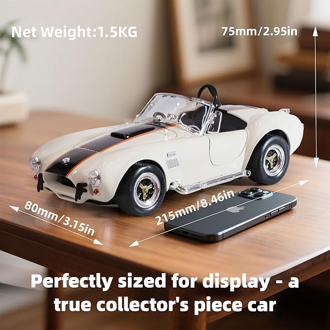 1964 Shelby Cobra 427S/C 1:18 Scale Diecast Model Premium Alloy Sports Cars with Display Case, Working Steering, Best Gift for Men, Dad & Kids 14+ Years Collector's Edition(White)