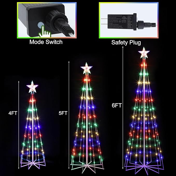 3 Pack LED Animated Christmas Tree, 4' 5' 6' Multicolor Lightshow Lighted Cone Wire Tree With Topper Star, Indoor Outdoor Decorations for Yard Patio