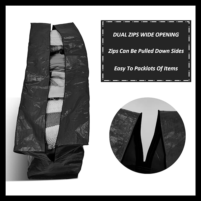 Windyun 4 Pack 69 Gallon Extra Large Storage Bags XXL Moving Bags with Zipper Handles Heavy Duty Jumbo Big Totes Box for Halloween Skeleton 4-12 Feet Christmas Tree Storage College Dorm Cloth (Black)