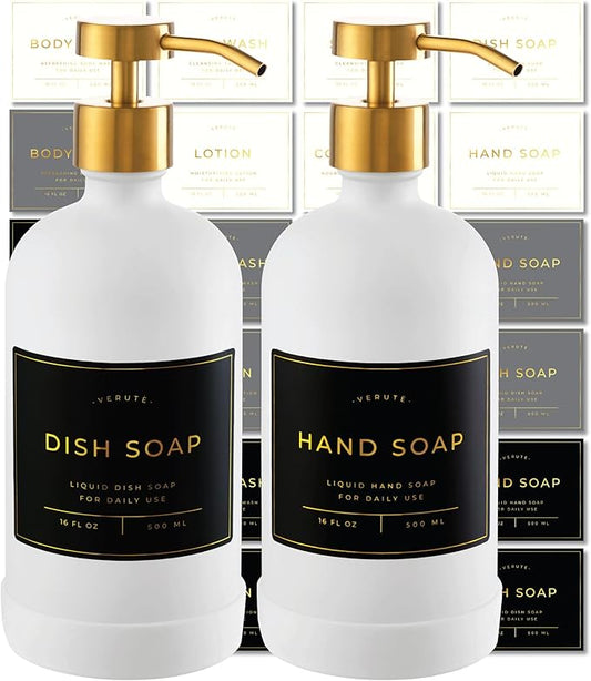 16oz Glass Soap Dispenser with Stainless Steel Pump, 21 Waterproof Labels, Non-Slip Protective Silicone Pad, Set of 2 for Bathroom & Kitchen (Matte White Bottle/Brushed Gold Pump)