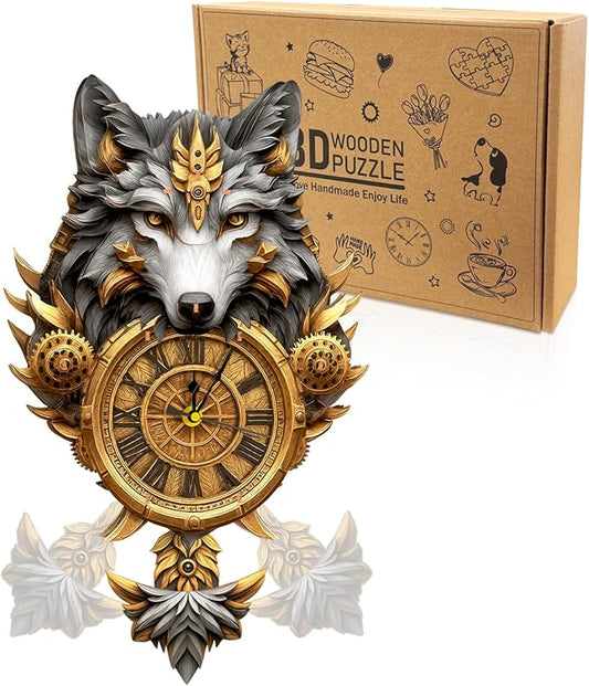 3D Puzzles for Adults Clock-Gray Wolf Design Model Kit-Mechanical DIY Pendulum Clock with Roman Numerals-Desk Home Office Decor Personalized Gift for DIY Lovers