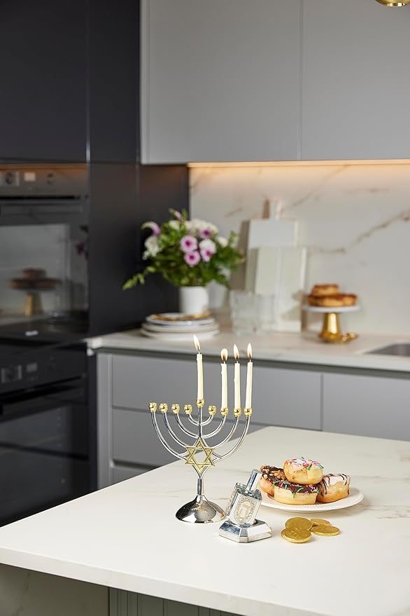 9 Branch Metal Menorah with Magen David: Modern, Elegant Jewish Hanukkah Replica Candelabra Candleholder Stand, 2-Toned Silver Gold Star Design