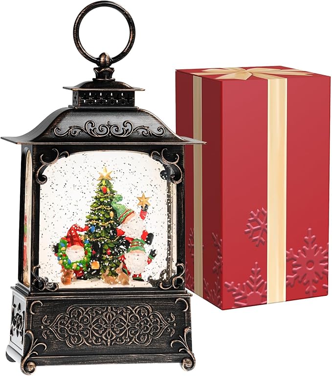 Christmas Snow Globes with Gnomes, Light Up Snow Globe with Music Timer - USB Plug or Battery Operated Glitter Globe Indoor Christmas Decorations