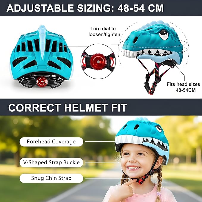 KINGBIKE Toddler Helmet 2-3-5-8 Years Kids Balance Bike Helmets Size Adjustable 3D Dinosaur with Led Light for Skateboard Scooter Cycling Skaterolling
