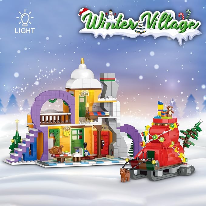 Christmas Holiday Snow House Building Toy Set with Lights,Compatible with Lego Chritmas Village,Xmas Gifts for Boys and Girls,Family 1224 pcs