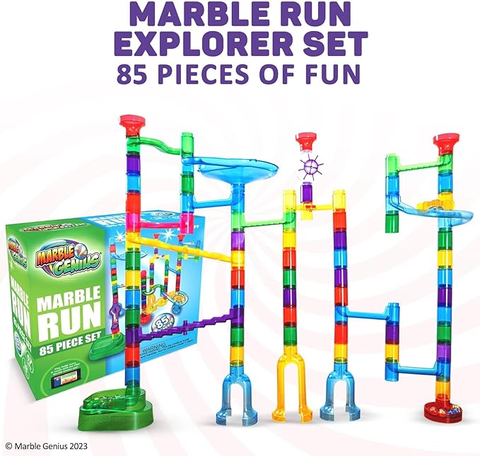Marble Genius Marble Run - 85 Complete Pieces Maze Track Easter Toys for Adults, Teens, Toddlers & Kids Aged 4-12 Years Old (67 Translucent Marbulous Pieces + 18 Glass-Marble Set), Explorer Set
