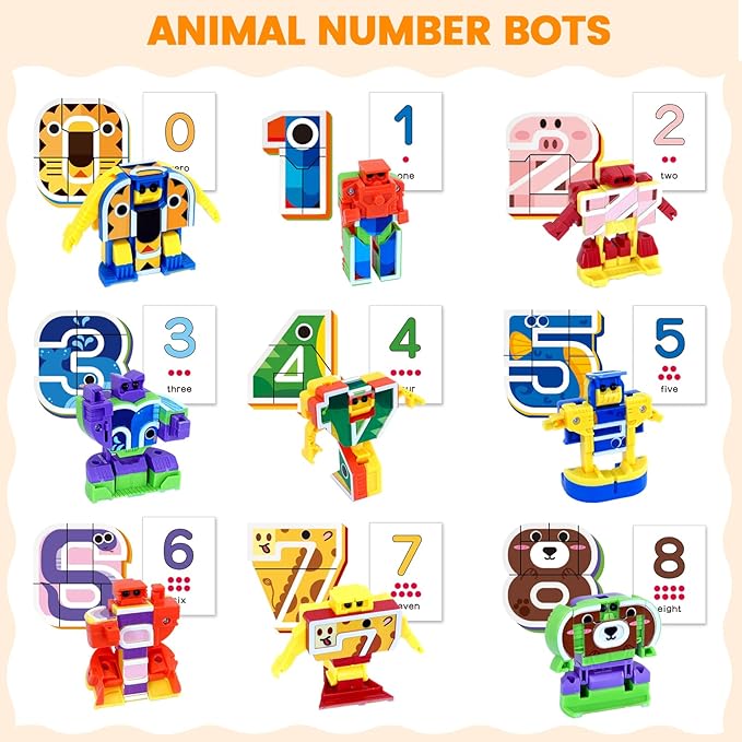 Animal Number Robots Transformers Toys 10-in-1 – STEM Learning Toys for Kids Ages 3+, Number Blocks with 10 Digital Cards, Convertible to Mega Robot (ABC Zoo Series)