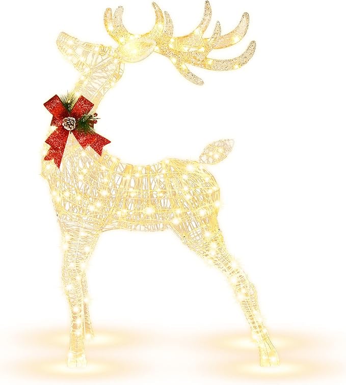 Tangkula 4.4 FT Christmas Lighted Reindeer, Outdoor Yard Christmas Decorations with 120 LED Lights, Artificial Xmas Décor with Stakes and Zip Ties, Indoor/Outdoor Festive Holiday Decoration