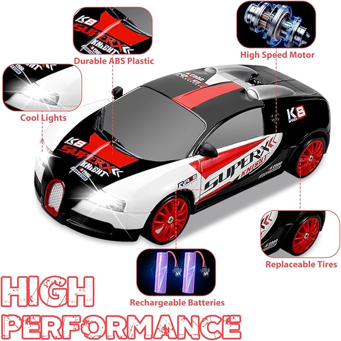 Remote Control Car RC Drift Car 2.4GHz 1:24 Scale 4WD 15KM/H High Speed, Rechargeable High Speed RC Cars with Cool Lights, Batteries and Extra Tires Toys for Kids