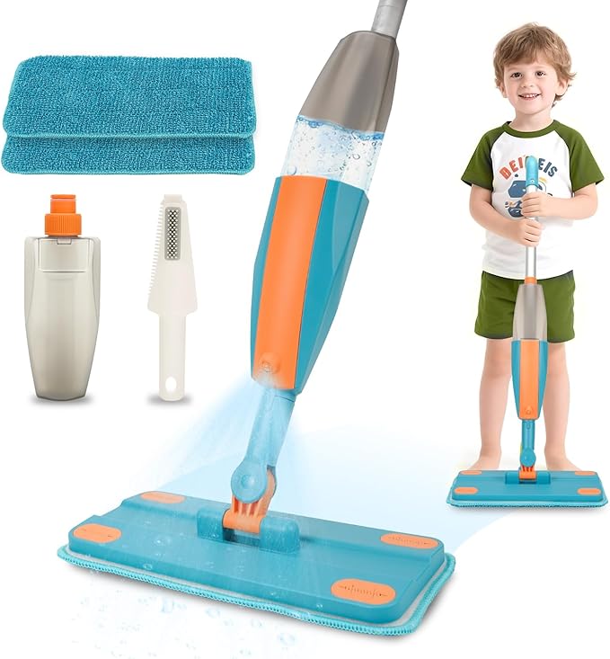 Kids Spray Mop - Real Working Toddler Cleaning Toy Set with Water Sprayer & 2 Washable Pads - Montessori Mini Mop & Sweeper - Interactive Learning Toys for Kids Ages 3+