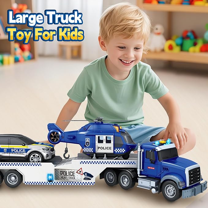 SpringFlower 21" Semi Truck Toy, 3 4 5 6 Year Old Boys Toddlers Police Truck Toy with Racing Car and Helicopter, 3 in 1 Police Car Toy, Birthday Gifts for Kids Child 3 4 5 6 Years Old