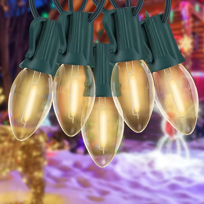 Abeja C7 Clear LED String Lights, 25Ft C7 Christmas String Lights with 27 Clear LED Bulbs (2 Spare) Indoor & Outdoor Use for Christmas Holiday, Party, Patio, Backyard Decoration