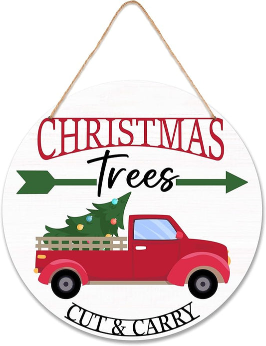 Rustic Christmas Tree Hanging Decorations, 10 Inches Farmhouse Decorative Wooden Plaque with Jute Rope for Door Wall Shelf Decor, Winter New Year Gifts-MBA14