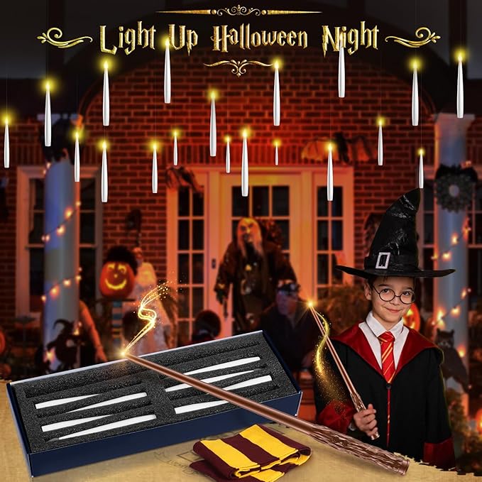 Floating Candles with Wand - Halloween Decorations Magic Flameless Candles Flickering Warm Light LED Hanging Candle Remote, Battery Operated Candles for Christmas Outdoor Indoor Party Decor