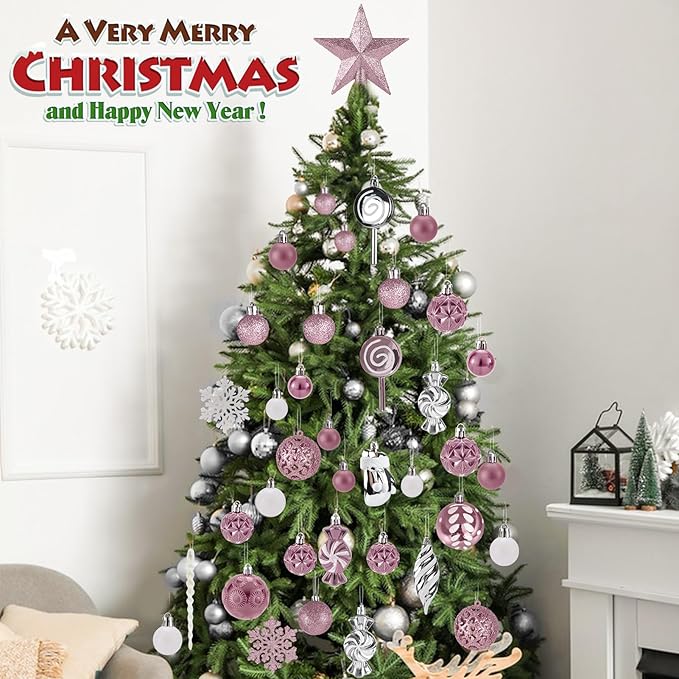 Shatterproof Christmas Ball Ornaments Set, 130 Pack Christmas Tree Decorations, Assorted Hanging Christmas Balls Bulk for Holiday Indoor Outdoor Xmas Party Decor (130 Pink)