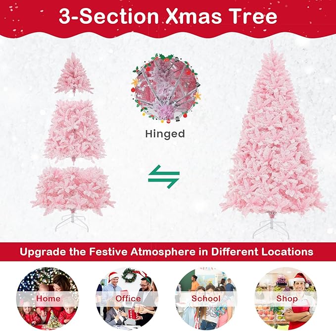 GOFLAME 7FT Pre-Lit Artificial Christmas Tree Snow Flocked, Hinged Xmas Tree with 1200 PVC Branch Tips, 500 LED Lights & 8 Lighting Modes, Holiday Decoration Tree for Home, Office, Party, Pink