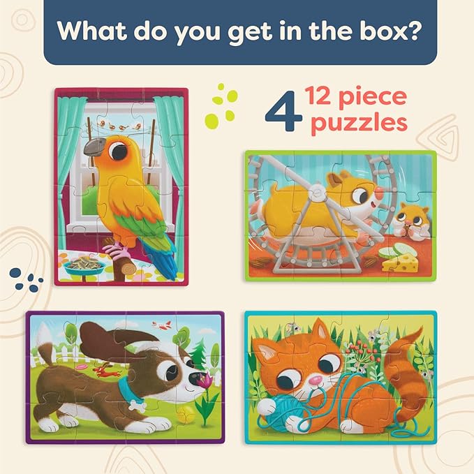 B. toys – Wooden Puzzle Set – 4 Animal Puzzles – Cat, Dog, Bird, Hamster– 12-Piece Jigsaw Puzzles For Kids – 3 Years + – Pack o' Puzzles - Pets