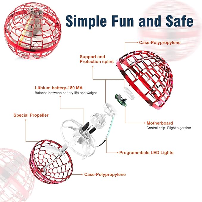 MERRYHOME Flying Ball Toys for Boys Grils: 2024 Fly Orb Cosmic Globe Boomerang Hover Ball, Hand Mini Drone, Flying Toy Fly Spinners for Kids Teens Adults Indoor Outdoor Toys (Red)