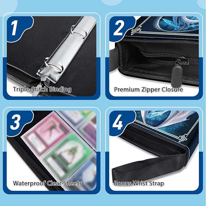 900 Pocket Trading Card Storage Album, Card Binder with 50 Durable 9-Pocket Pages, Blue Dragon Design on Pocket Card Packs, Thanksgiving Christmas Birthday Gifts for Zipper Closure Collector