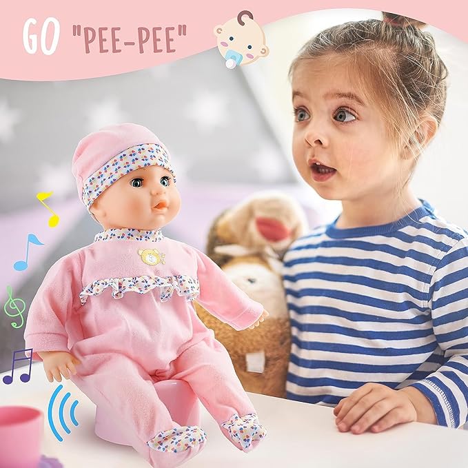 SMILESSKIDDO Interactive Baby Doll Pink - 16 Inch Crying Talking Feeding Dolls with Different Sounds and Accessories, Pretend Play Preschool Toys for 2 3 4 5+ Year Old Girls Boys Gift
