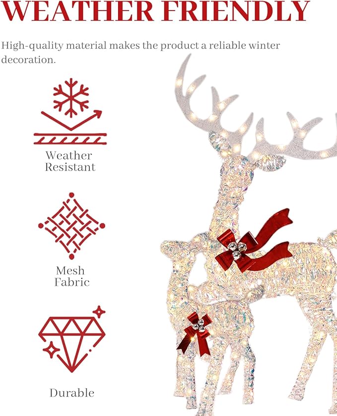 3-Piece Large Lighted Christmas Deer Family Set, 3D Reindeer Christmas Outdoor Decoration with 225 Warm White LED Lights, Ground Pegs, Cable Ties. Suitable for Patio Garden Party-Colorful