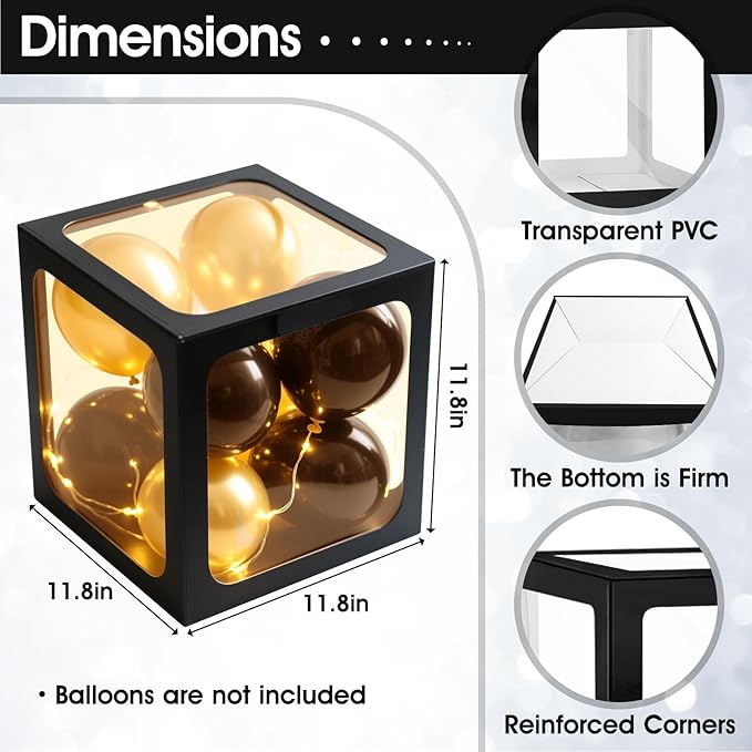 Ledido Baby Boxes with Letters for Baby Shower Decorations, 4 pcs Clear Baby Balloon Boxes Blocks Decor with LED Fairy String Lights for Boy Girl Gender Reveal Decorations Backdrop Party (Black)