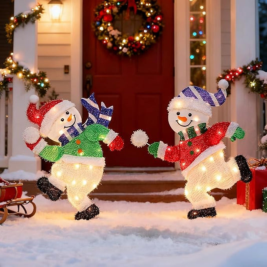 Hausse Set of 2 Lighted Snowmen Christmas Decorations, Pre-Lit 2D Tinsel Cute Snowman Snowball Fight with Lights, Light Up & Plug in for Indoor Outdoor Xmas Winter Holiday Yard Lawn Garden Decor