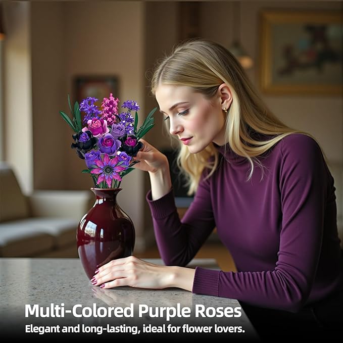 Purple Rose Bouquet Building Set - Compatible with Lego Flowers for Adults Women - Gothic Home Office Table Centerpiece Decor, Halloween Christmas Valentine's Gift