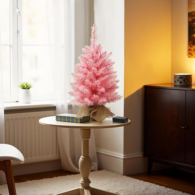 Small Christmas Tree with Lights,2ft Pre Lit Artificial Mini Xmas Tree for Tabletop,Outdoor,Bedroom,Office Decorations,Includes 50 Led Warm Lights,73 PVC Branch Tips,Pink（Battery Operated）