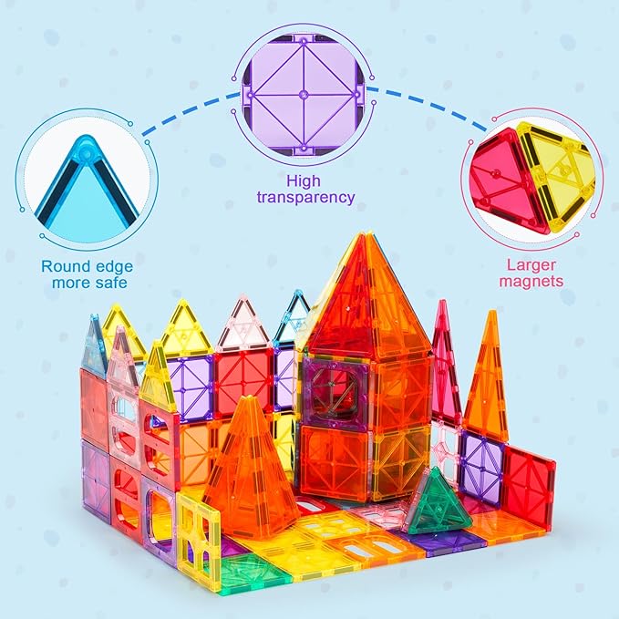 Ryoichi 138PCS Magnetic Building Tiles Set with 2 Cars, STEM Educational Construction Blocks & Montessori Learning Toys for Kids Ages 3-9+ Years