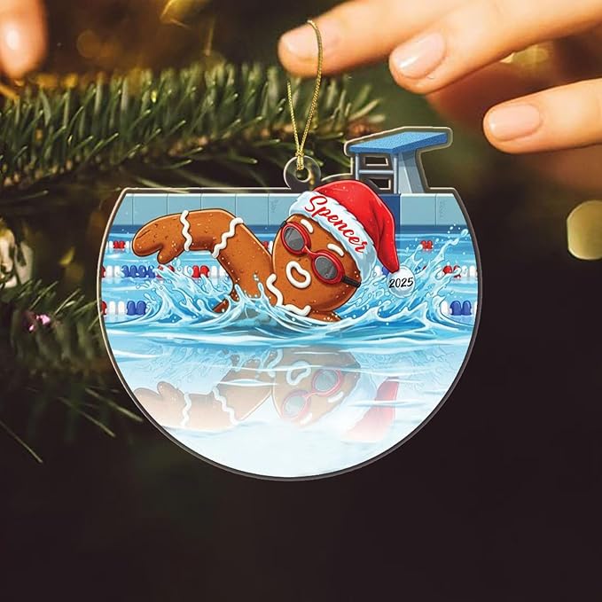 Personalized Swimming Shaped Xmas Ornament 2025, Unique Gingerbread Swimmer Keepsake Ornament Gift for Kids Daughter Son Dad Mom, Customized Year & Name Swimming Pool Lover Christmas Ornaments Decor