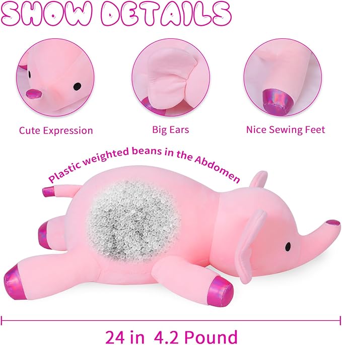 4.2lbs 24in Elephant Weighted Stuffed Animals,Weighted Plush, Gifts for Kids, Adults,Girls and Boys(Pink)