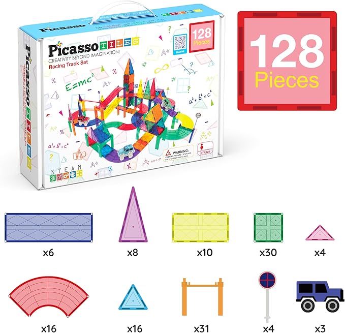 PicassoTiles 128pcs Magnetic Race Car Track Building Block Educational Toy Set Tiles Magnet Playset 3 LED Car STEM Learning Construction Kit Fine Motor Skill Training Brain Development for Kids Age3+