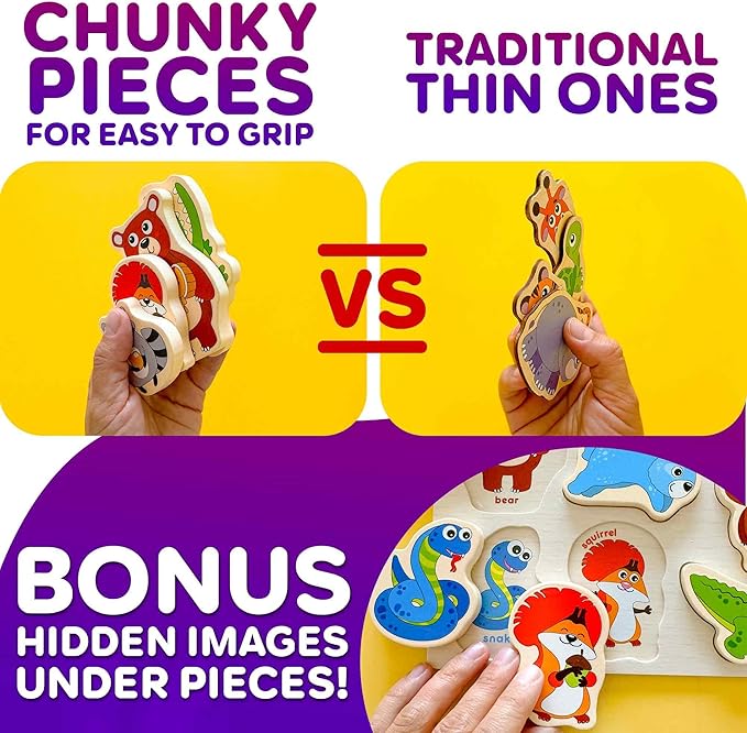 QUOKKA Wooden Puzzles for Toddlers 2-4 – Chunky Matching Puzzles Set –Toddler Montessori Animal Toys with Jumbo Animals Toddler Puzzles Ages 1-3 I FSC Certified Wood