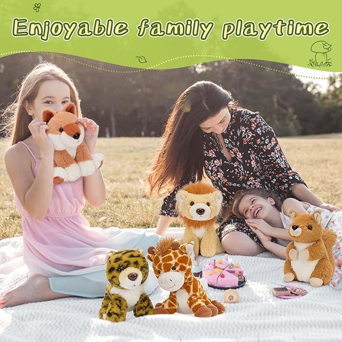 Muiteiur 5 Piece Forest Stuffed Animals,7.1 Inch Cute Jungle Plush Toys, Stuffed Animal Bulk (Tiger,Lion,Fox,Giraffe, Squirrel),Gift for Kids