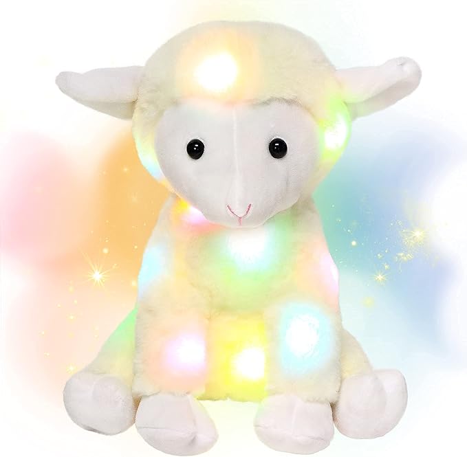 Hopearl LED Plush Lamb Lighting Up Stuffed Sheep Floppy Night Lights Glow in The Dark Birthday Festival for Kids Toddlers, Beige, 11''