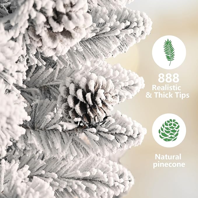 6ft Unlit Snow Flocked Christmas Tree, Artificial Christmas Tree with Pine Cones,888 Branch Tips, Premium Spruce Full Xmas Tree for Easy Holiday Setup, Foldable Metal Base