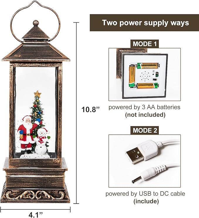 Snow Globe, Christmas Snow Globes with Swirling Glitter, USB Powered or Battery Operated Christmas Lantern for Christmas Thanksgiving Party Home Decorations (Christmas Tree, Santa Claus and Snowman)