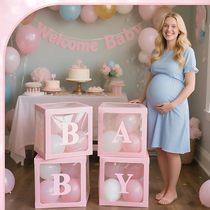 Ledido Baby Boxes with Letters for Baby Shower Decorations with 38 Balloons, 4 pcs Clear Baby Balloon Boxes Blocks for Baby Shower Decor Boy Girl Gender Reveal Decorations Backdrop Party (Pink)