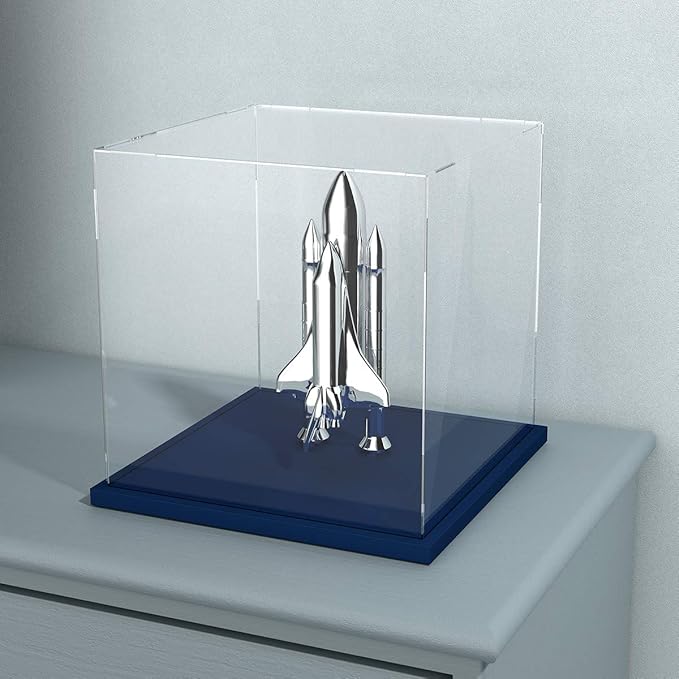 Acrylic Display Case with Navy Blue Velvet Base, Simple Self-Assembly Clear Acrylic Display Box with Lid, 6 Inch Cube Countertop Box for Collectibles, Home Organization (6x6x6 inch)