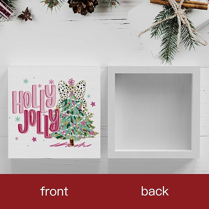 Pink Merry Christmas Wall House Decor Holly Jolly Christmas Tree Coquette Sign, Office Home Decor for Desk Table Shelf 5 X 5 inch