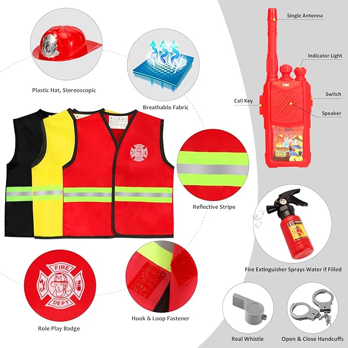 Boys Dress up Trunk Costumes Set,15pcs Pretend Role Play Set Fireman, Police, Construction Worker Costume with Accessories for Kids Ages 3-7