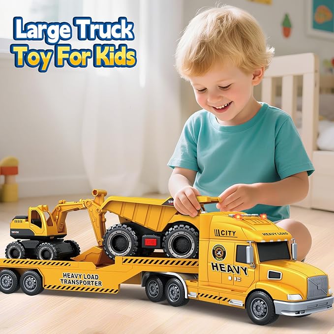 SpringFlower 3 4 5 6 Toddler Boy Toys, 25" Construction Carrier Truck Vehicle Car, Boys Car Toys with Excavator and Dump Truck, Birthday Gifts for Kids 3 4 5 6 Years Old